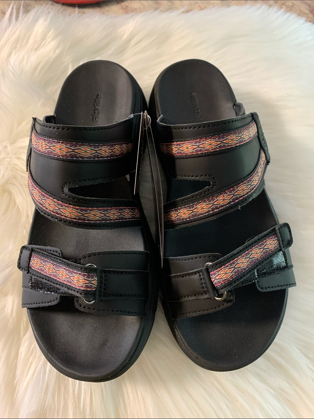 Black Slide Sandals with Velcro Patterned Straps by Fitville Size 8W